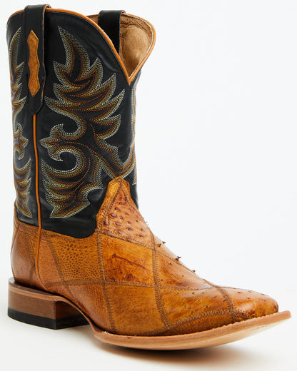 Men's Exotic Ostrich Patchwork Western Boots - Broad Square Tan