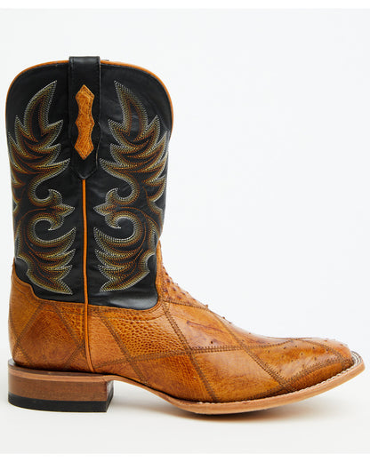 Men's Exotic Ostrich Patchwork Western Boots - Broad Square Tan