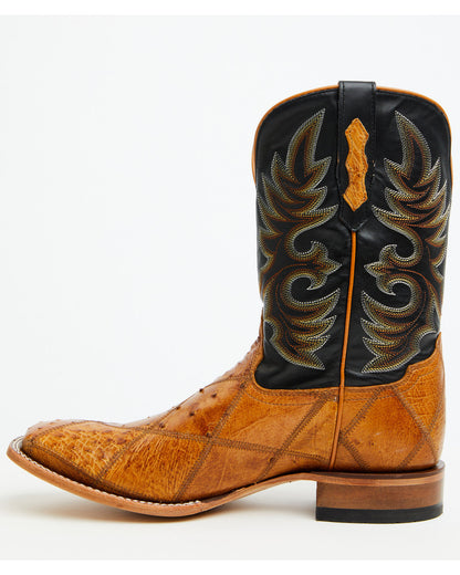 Men's Exotic Ostrich Patchwork Western Boots - Broad Square Tan