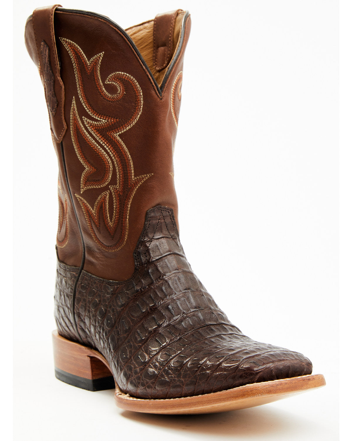 Men's Exotic Caiman Western Boots - Broad Square Toe Brown