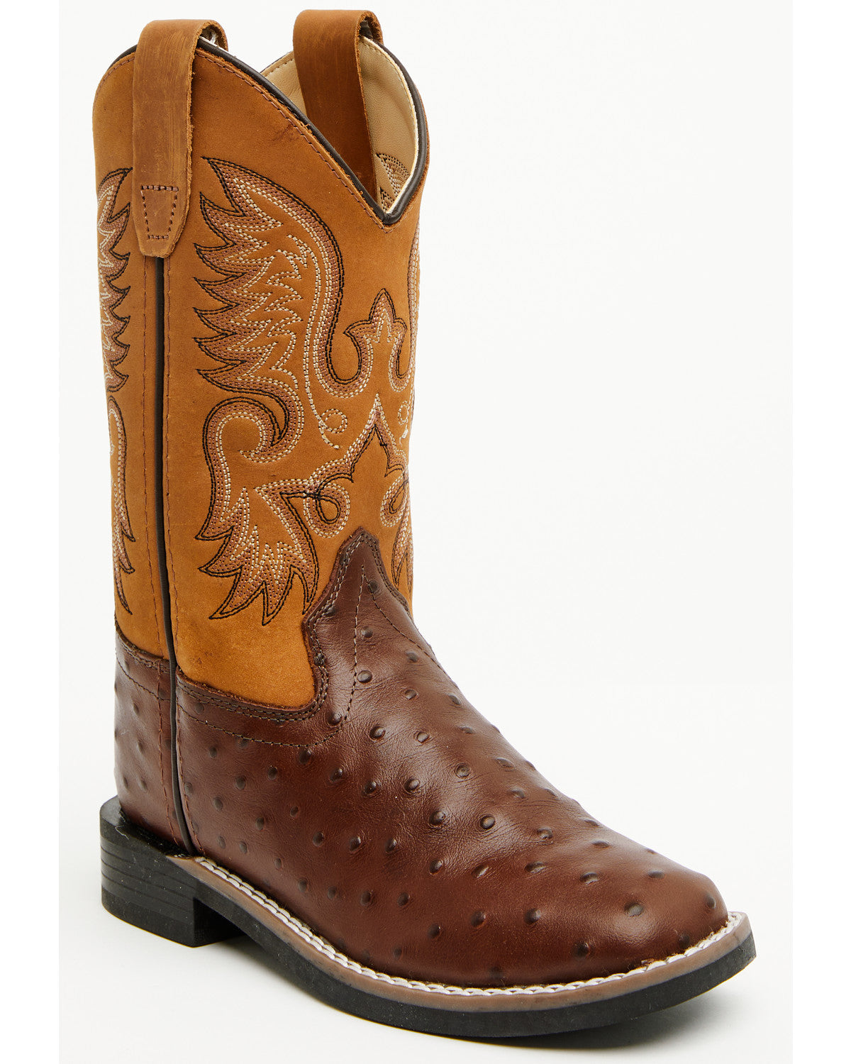 Boys' Dean Ostrich Print Western Boots - Broad Square Toe Cognac