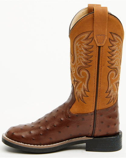Boys' Dean Ostrich Print Western Boots - Broad Square Toe Cognac