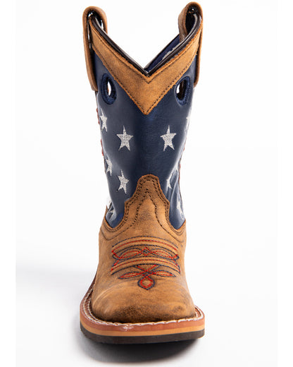 Boys' USA Flag Western Boots - Broad Square Toe Brown