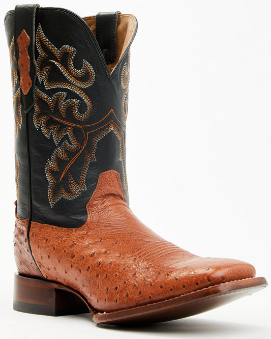 Men's Exotic Ostrich Western Boots - Broad Square Toe Cognac