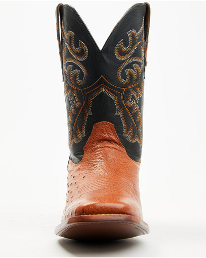 Men's Exotic Ostrich Western Boots - Broad Square Toe Cognac
