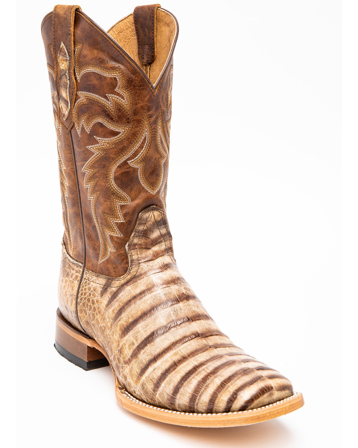 Men's Caiman Belly Western Boots - Broad Square Toe Brown