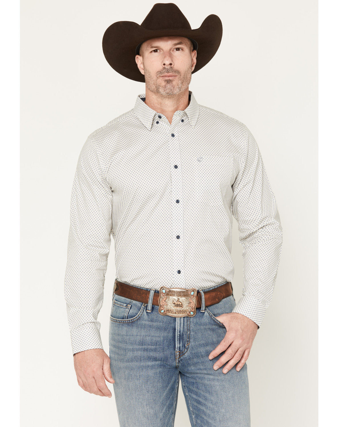 Men's NFR Geo Print Long Sleeve Button-Down Stretch Western White