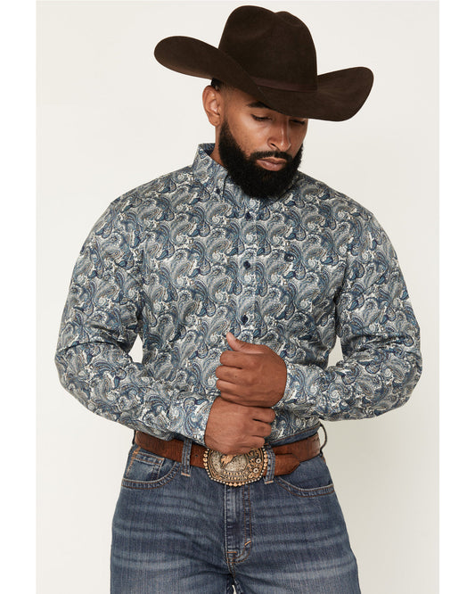 Men's Lost Resort Paisley Print Long Sleeve Button-Down Str Blue