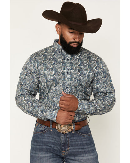 Men's Lost Resort Paisley Print Long Sleeve Button-Down Str Blue