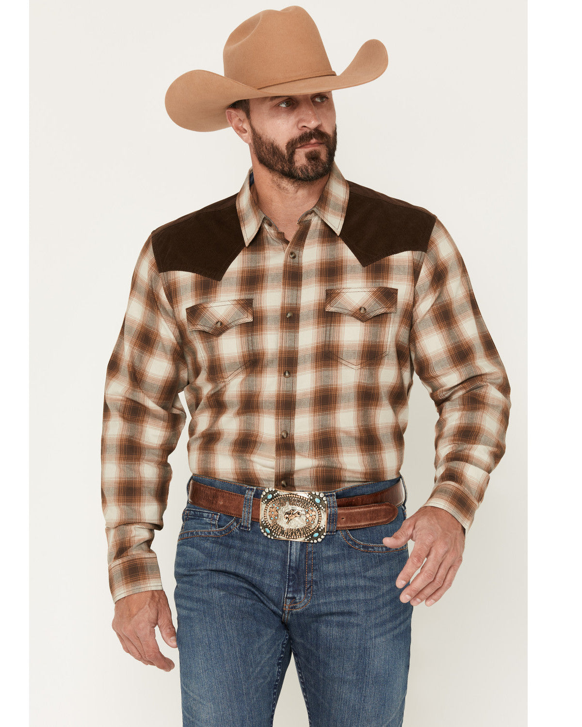 Men's Mad Plaid Print Corduroy Long Sleeve Snap Western Shi Tan