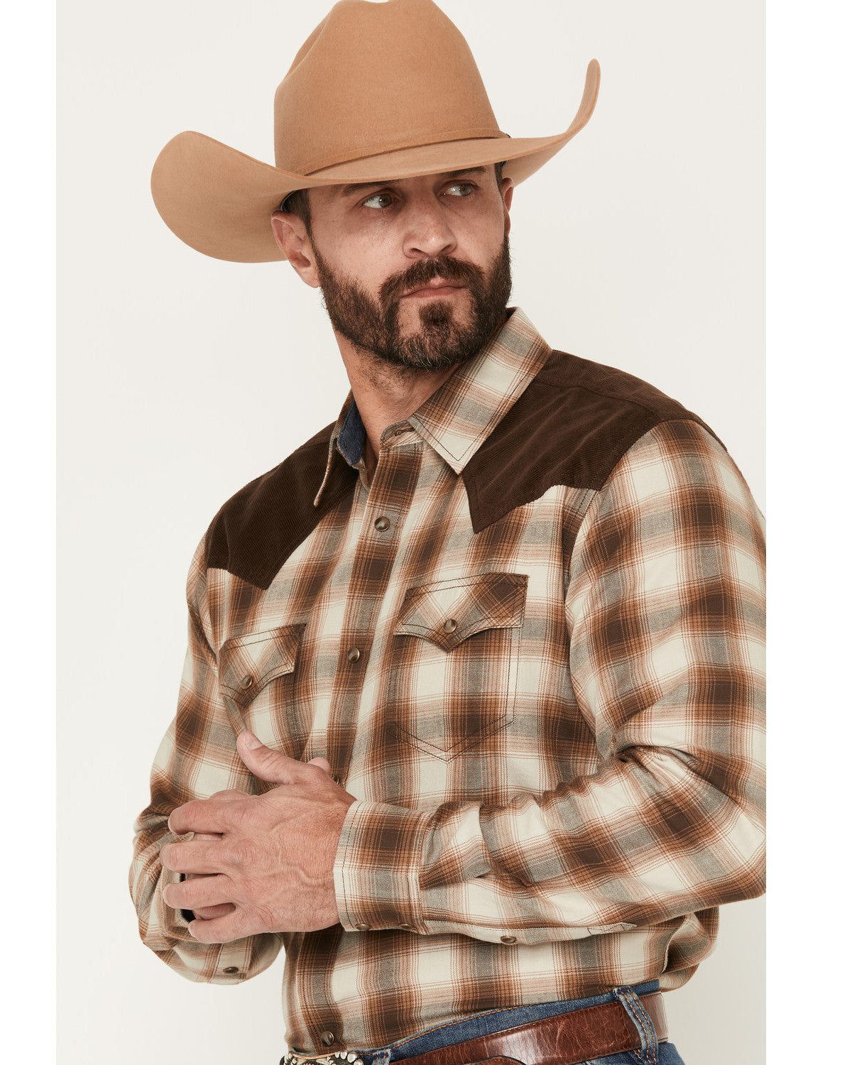 Men's Mad Plaid Print Corduroy Long Sleeve Snap Western Shi Tan