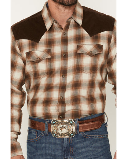Men's Mad Plaid Print Corduroy Long Sleeve Snap Western Shi Tan