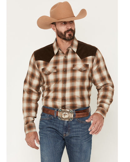 Men's Mad Plaid Print Corduroy Long Sleeve Snap Western Shi Tan