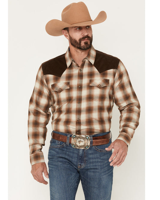 Men's Mad Plaid Print Corduroy Long Sleeve Snap Western Shi Tan
