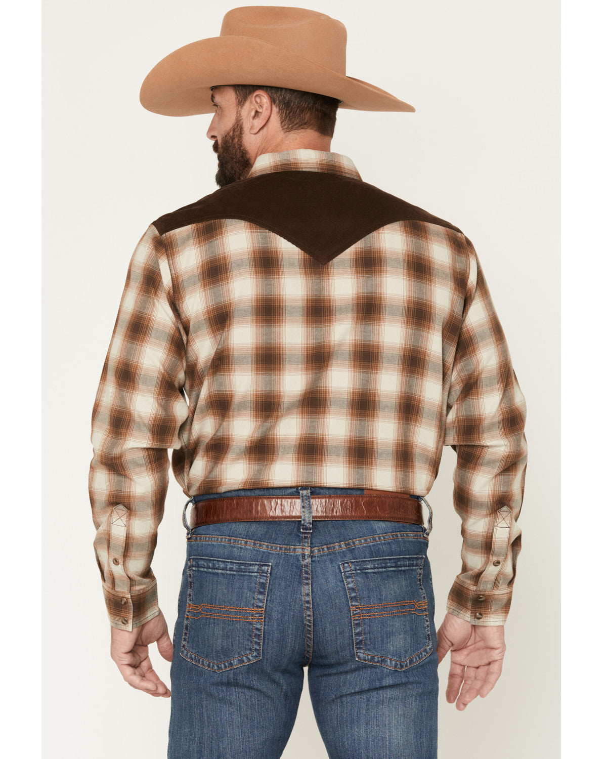 Men's Mad Plaid Print Corduroy Long Sleeve Snap Western Shi Tan