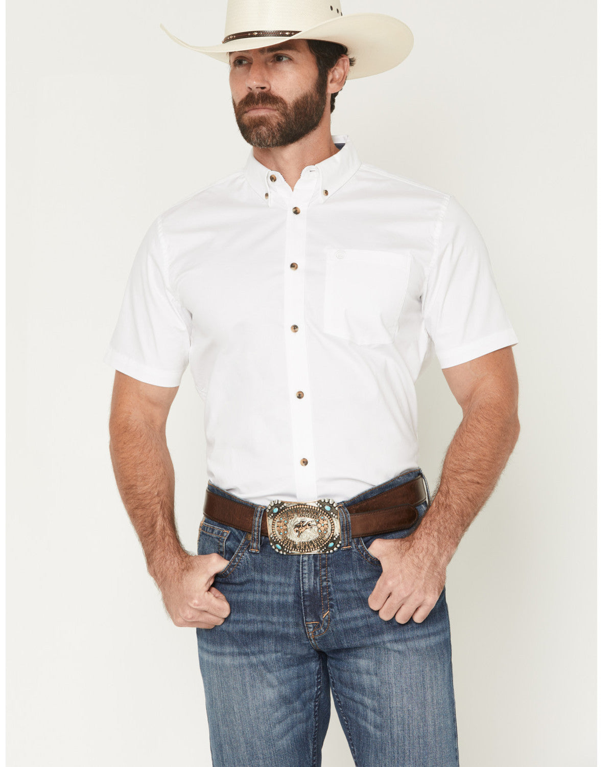 Men's Basic Solid Short Sleeve Button-Down Stretch Western White