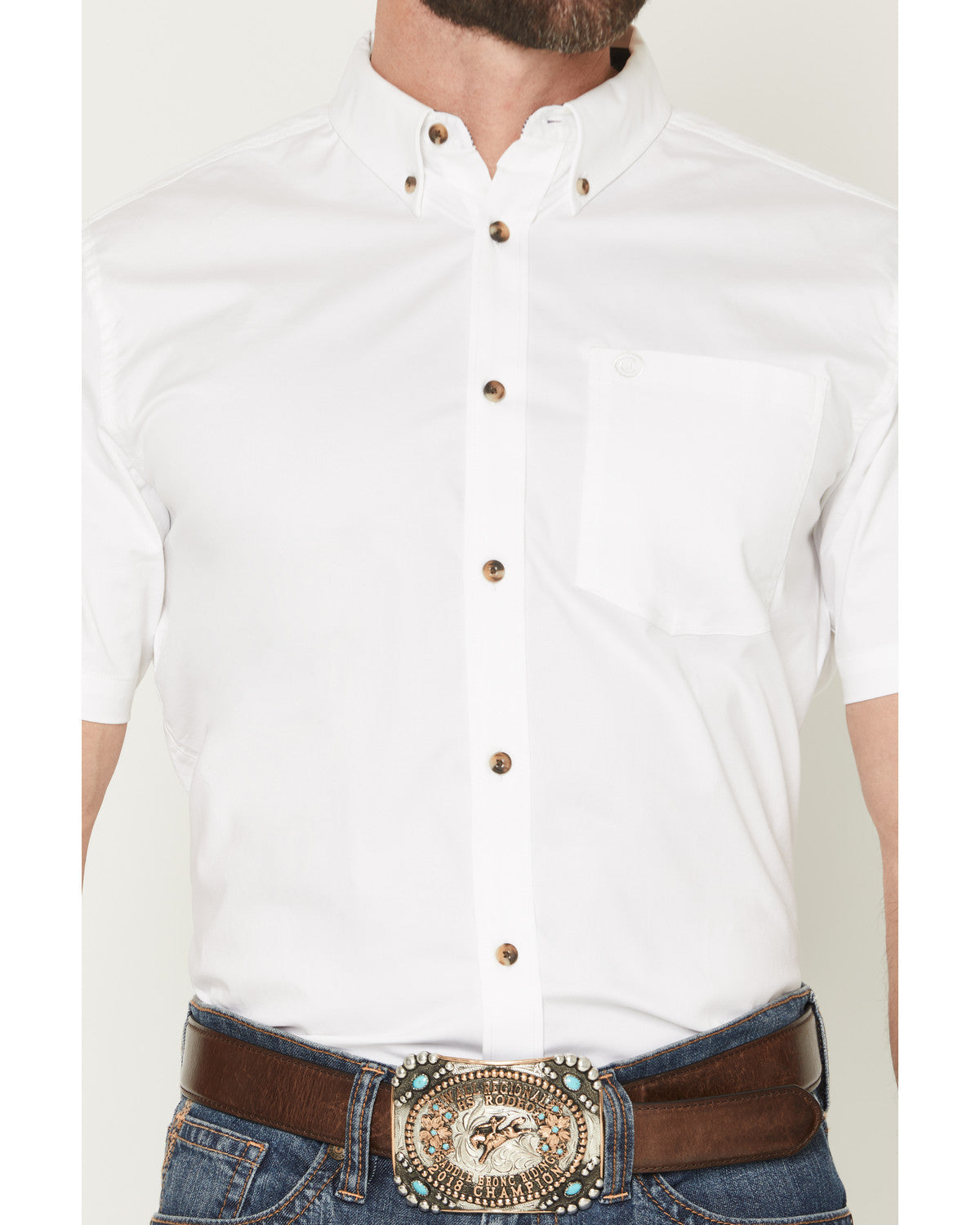 Men's Basic Solid Short Sleeve Button-Down Stretch Western White
