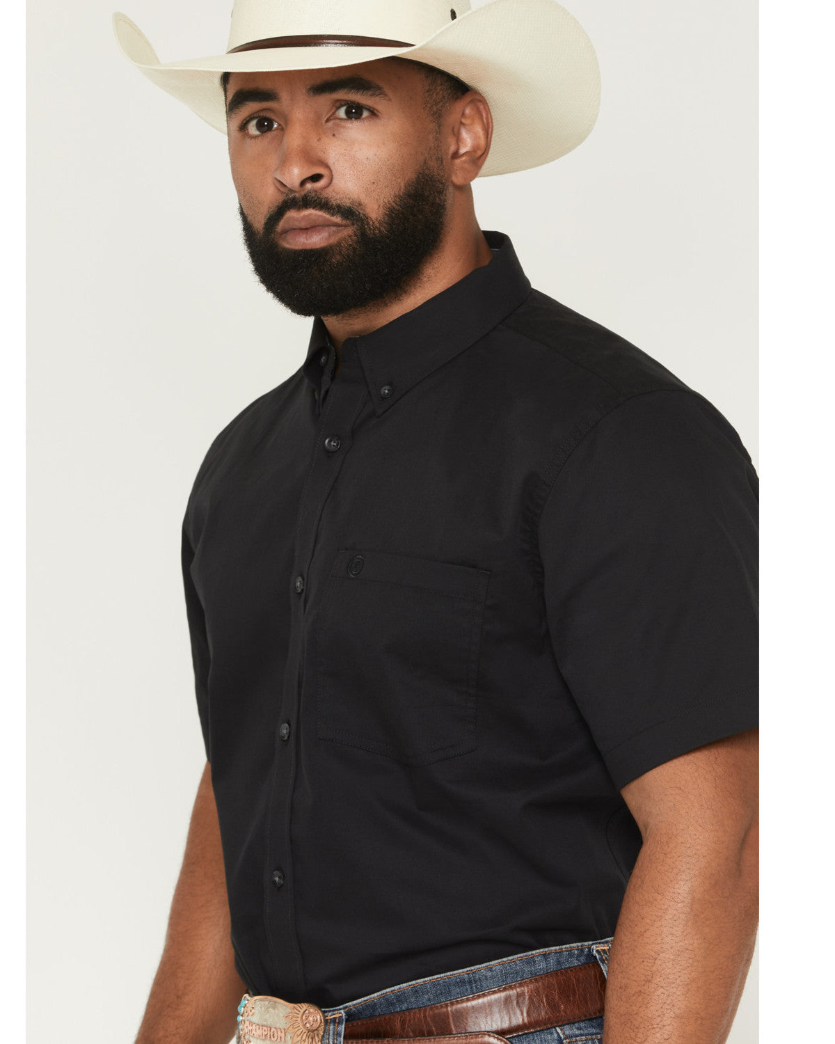 Men's Basic Solid Short Sleeve Button-Down Stretch Western Black