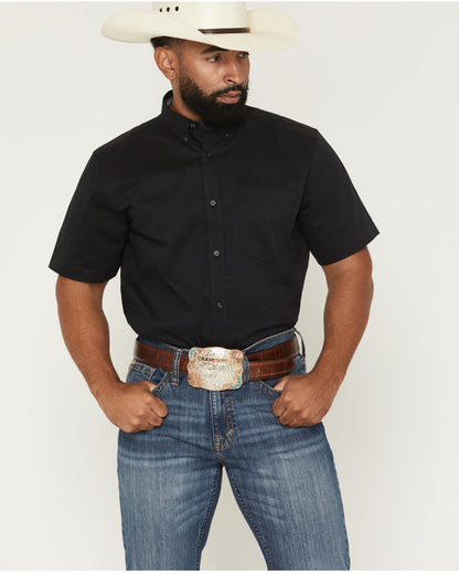Men's Basic Solid Short Sleeve Button-Down Stretch Western Black