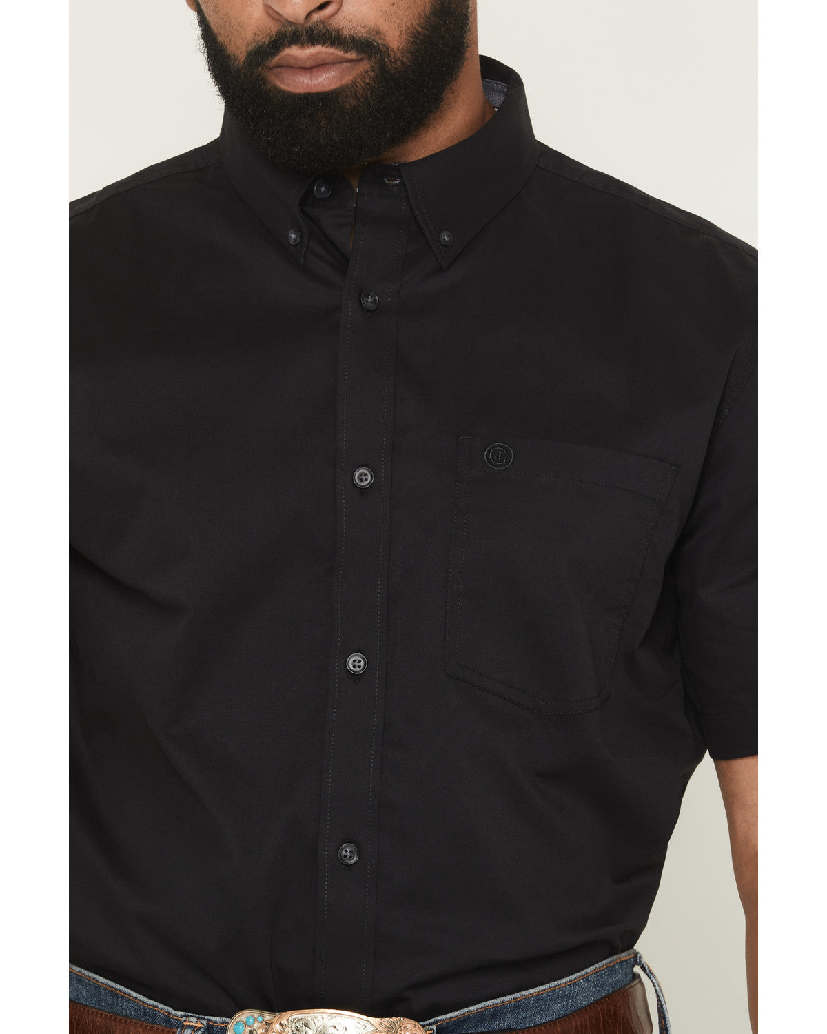Men's Basic Solid Short Sleeve Button-Down Stretch Western Black