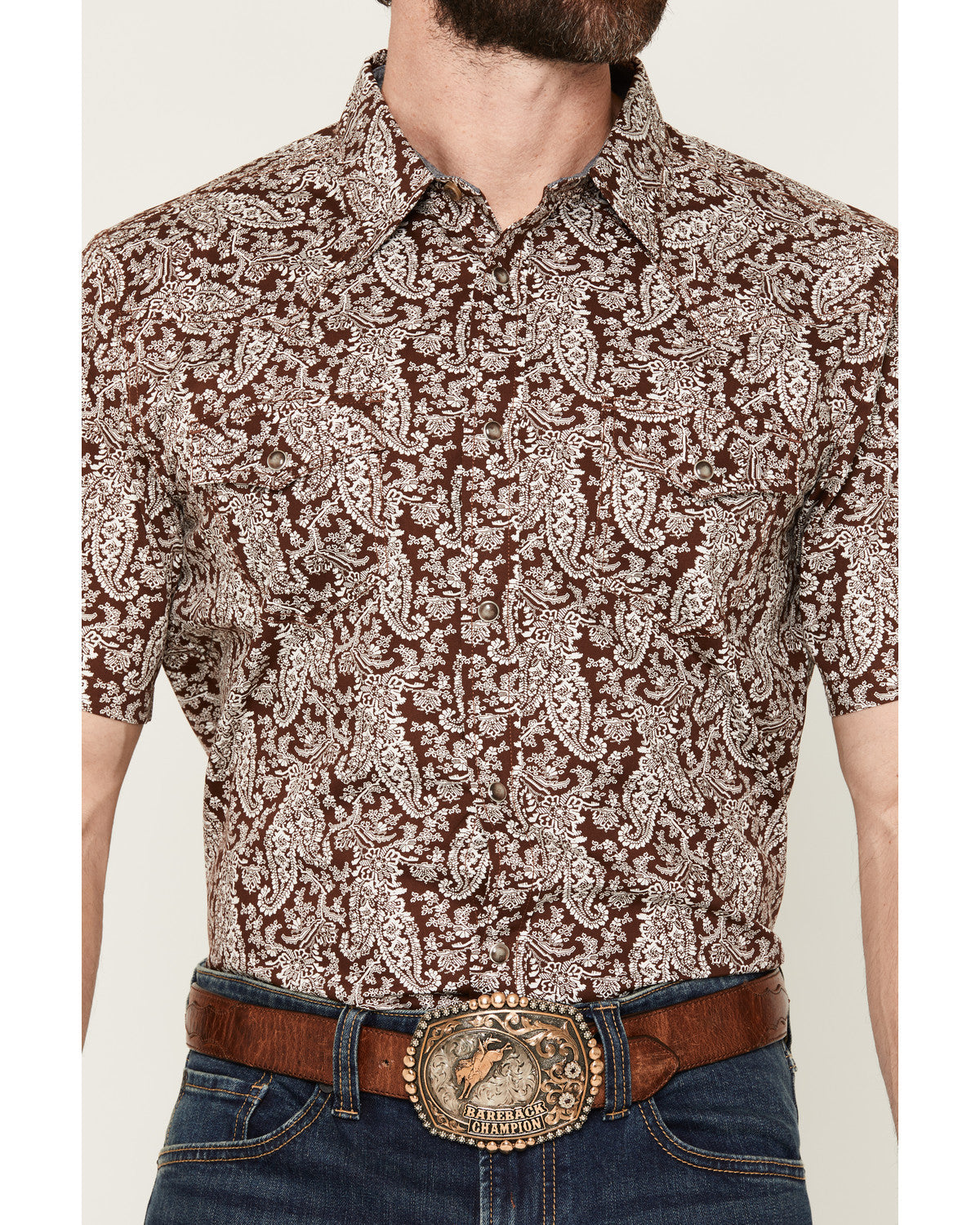 Men's Rusted Gate Paisley Print Short Sleeve Snap Western S Brown