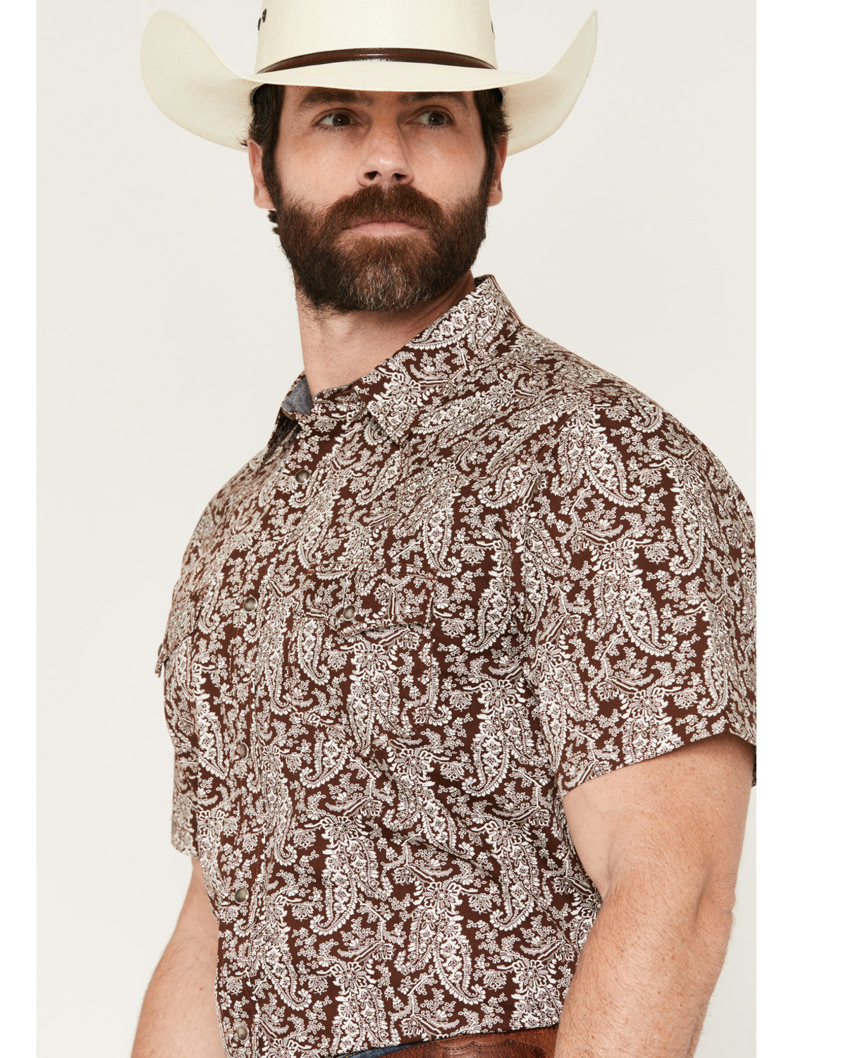Men's Rusted Gate Paisley Print Short Sleeve Snap Western S Brown