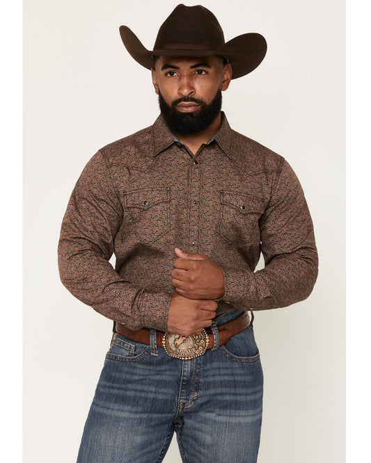 Men's Fireball Geo Print Long Sleeve Snap Western Shirt - T Brown