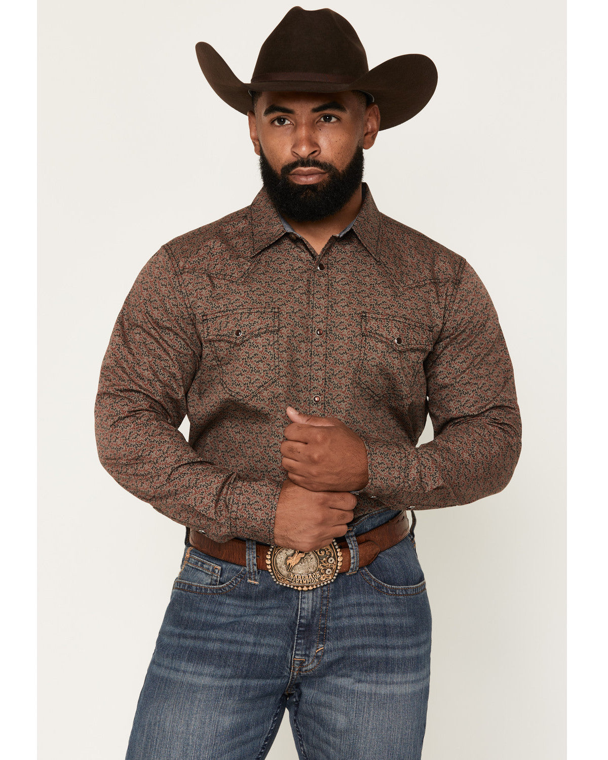 Men's Fireball Geo Print Long Sleeve Snap Western Shirt - B Brown