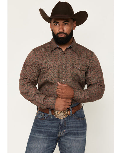 Men's Fireball Geo Print Long Sleeve Snap Western Shirt - B Brown