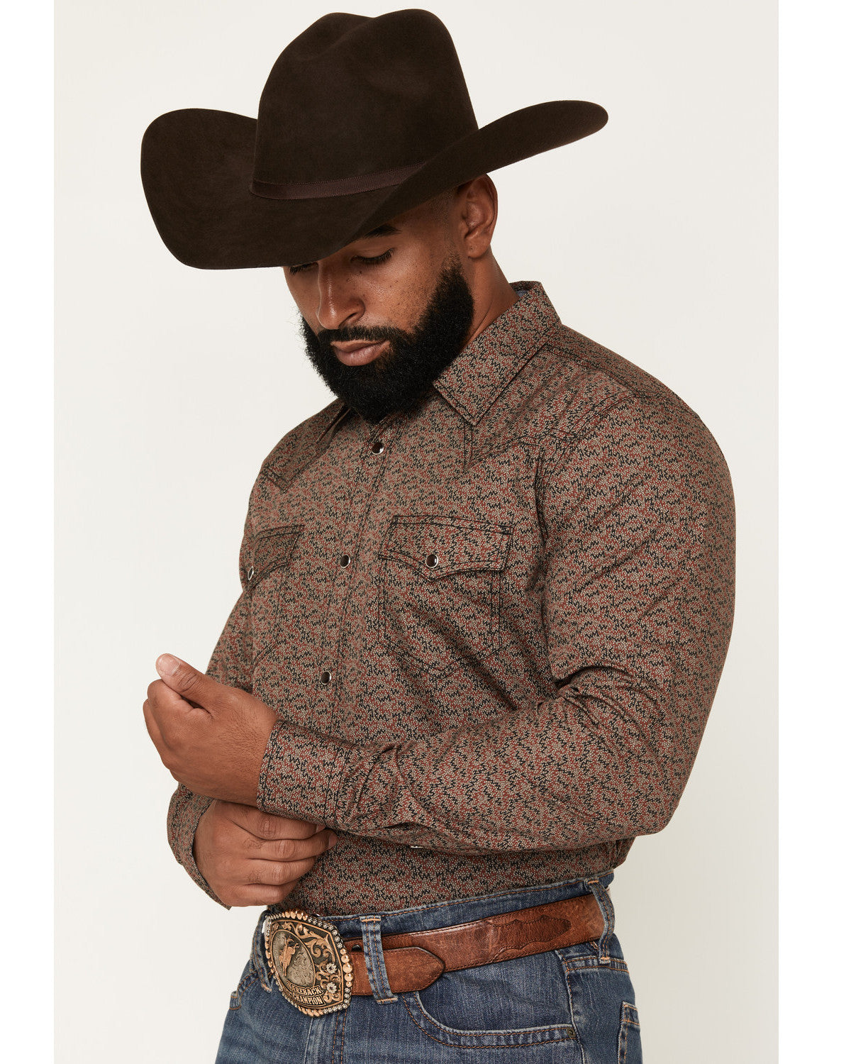 Men's Fireball Geo Print Long Sleeve Snap Western Shirt - B Brown