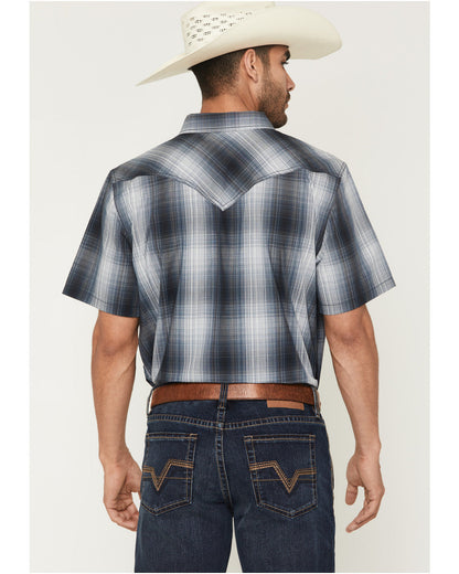Men's Weed Wacker Plaid Print Short Sleeve Snap Western Shi Blue
