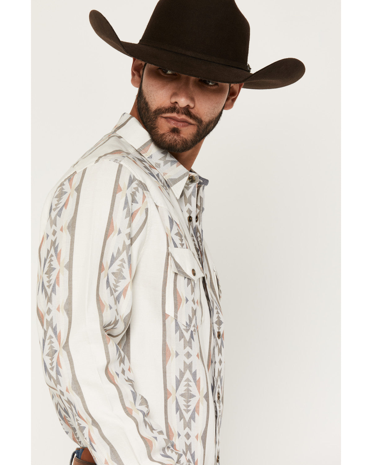 Men's Cowboy Boogie Southwestern Stripe Print Long Sleeve S Ivory