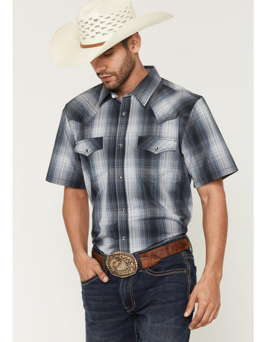 Men's Weed Wacker Plaid Print Short Sleeve Snap Western Shi Blue