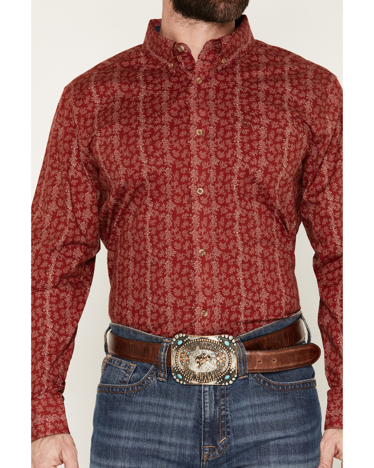 Men's Ol Hickory Floral Stripe Print Long Sleeve Button-Dow Red