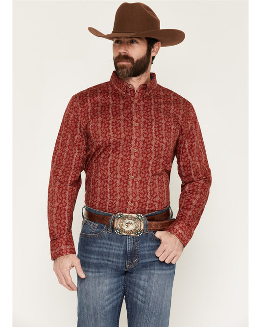 Men's Ol Hickory Floral Stripe Print Long Sleeve Button-Dow Red
