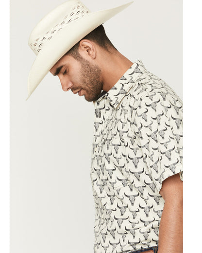 Men's Toro Steer Head Print Short Sleeve Button-Down Stretc Tan