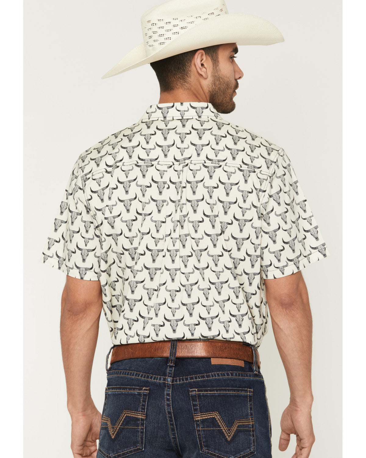 Men's Toro Steer Head Print Short Sleeve Button-Down Stretc Tan