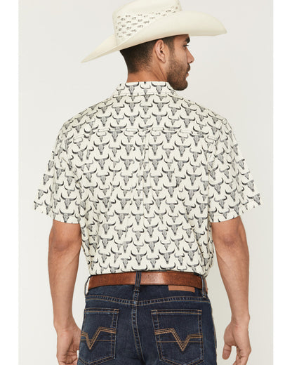 Men's Toro Steer Head Print Short Sleeve Button-Down Stretc Tan