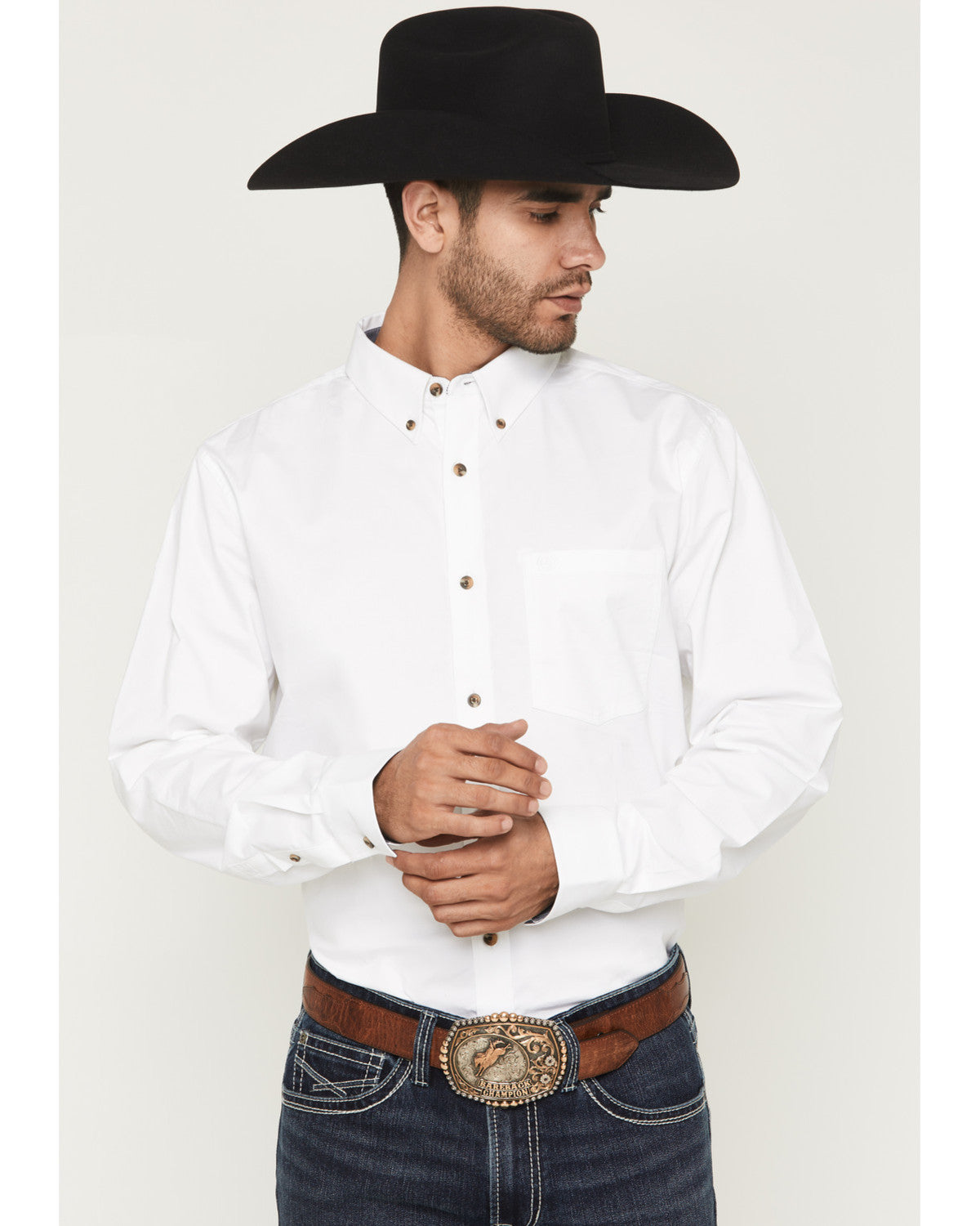 Men's Basic Solid Long Sleeve Button-Down Stretch Western S White