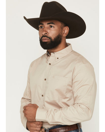 Men's Basic Solid Long Sleeve Button-Down Stretch Western S Tan