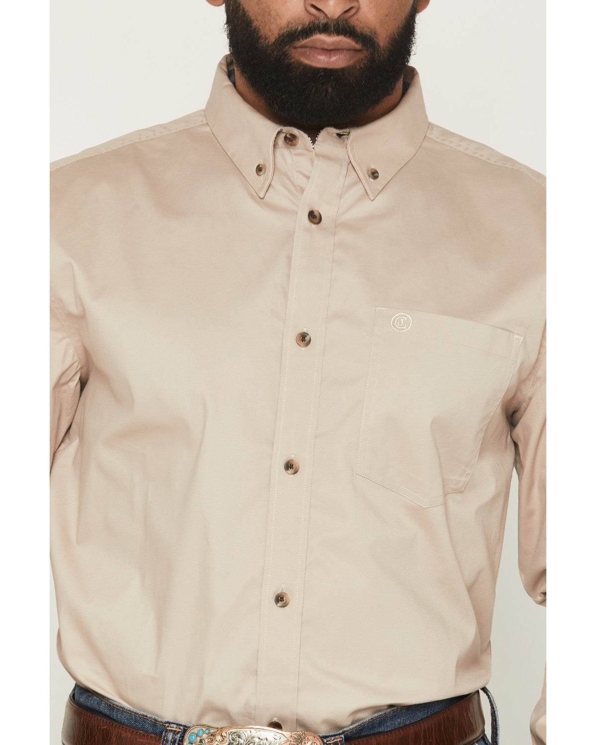 Men's Basic Solid Long Sleeve Button-Down Stretch Western S Tan
