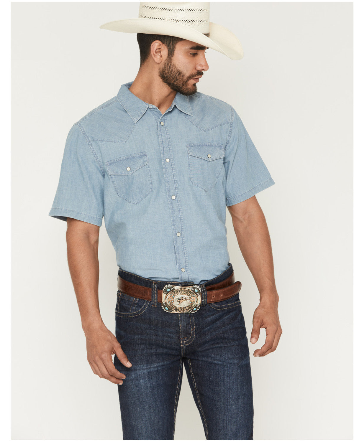 Men's Horizon Chambray Light Wash Short Sleeve Snap Western Light Wash