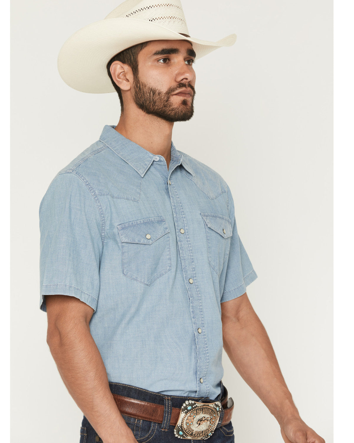 Men's Horizon Chambray Light Wash Short Sleeve Snap Western Light Wash