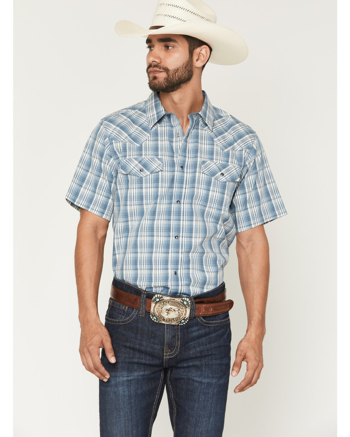 Men's Briggs Plaid Print Short Sleeve Snap Western Shirt - Blue