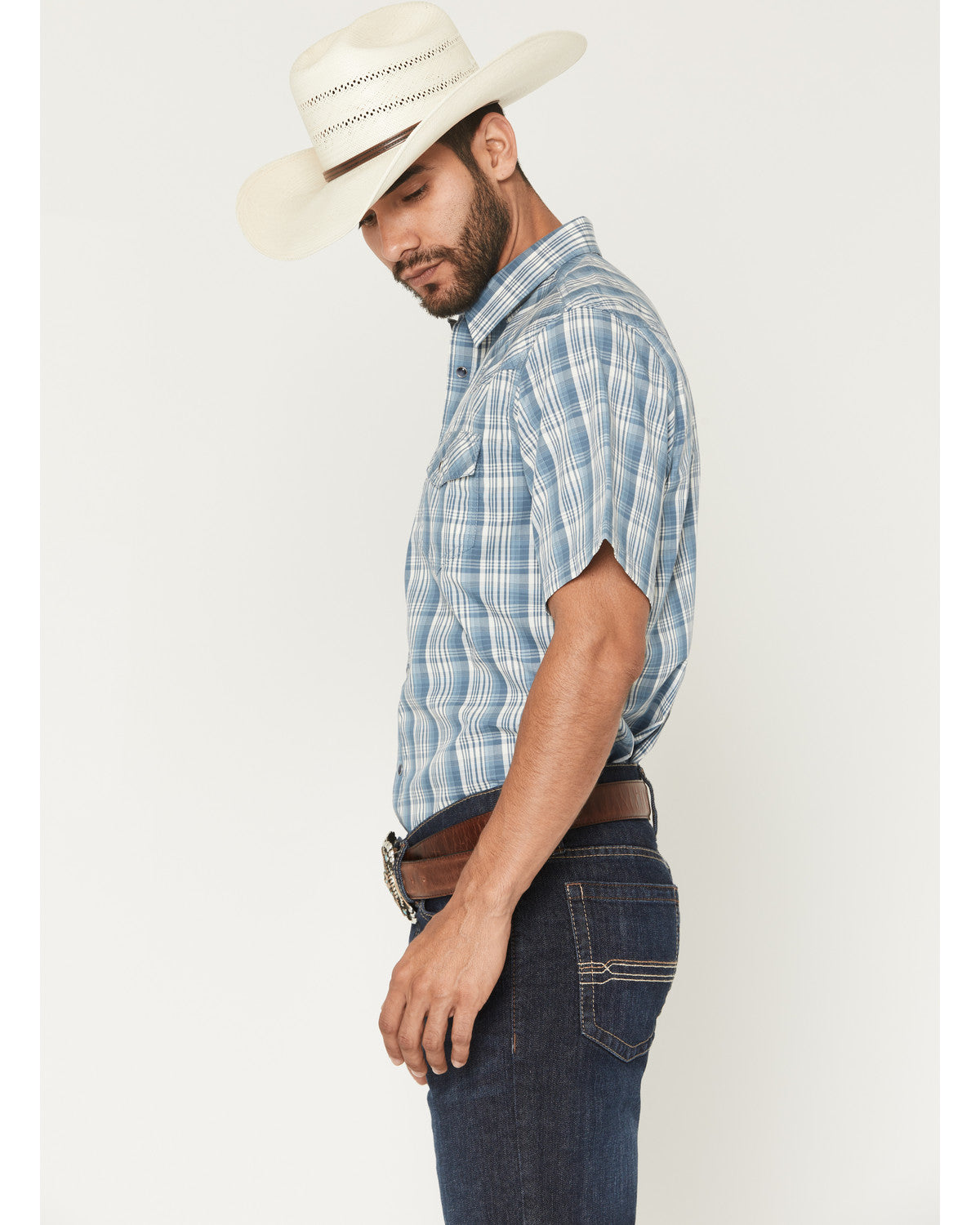 Men's Briggs Plaid Print Short Sleeve Snap Western Shirt - Blue