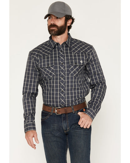 Men's FR Maricopa Plaid Print Long Sleeve Snap Work Shirt Navy