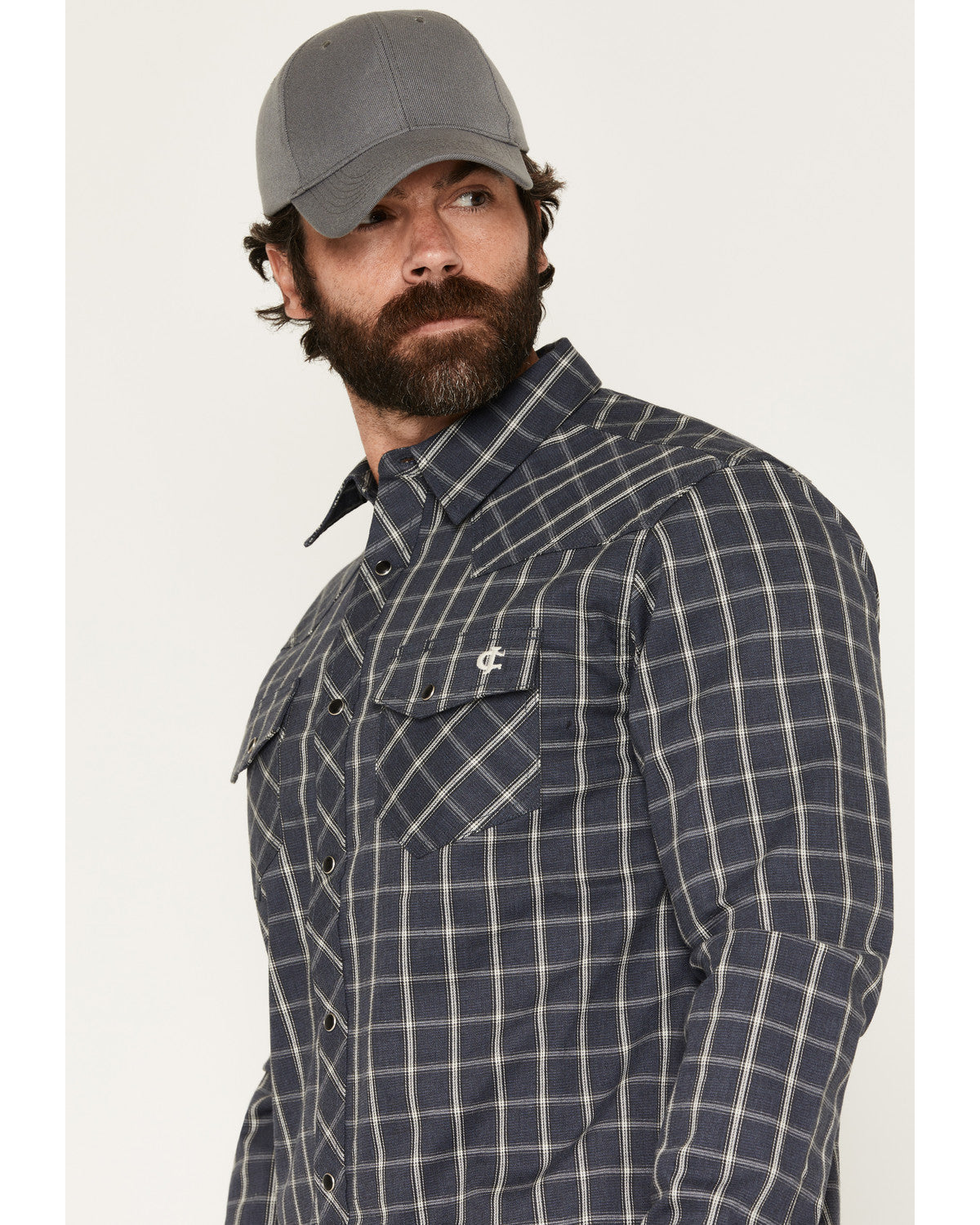 Men's FR Maricopa Plaid Print Long Sleeve Snap Work Shirt Navy