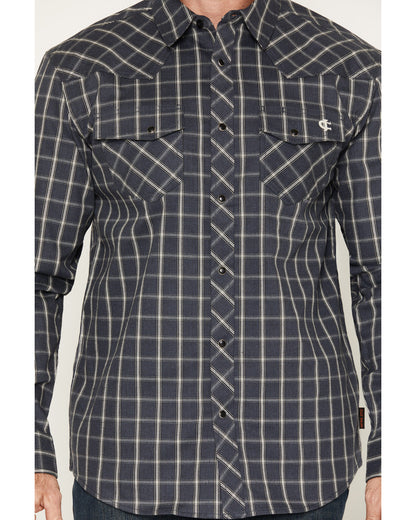 Men's FR Maricopa Plaid Print Long Sleeve Snap Work Shirt Navy