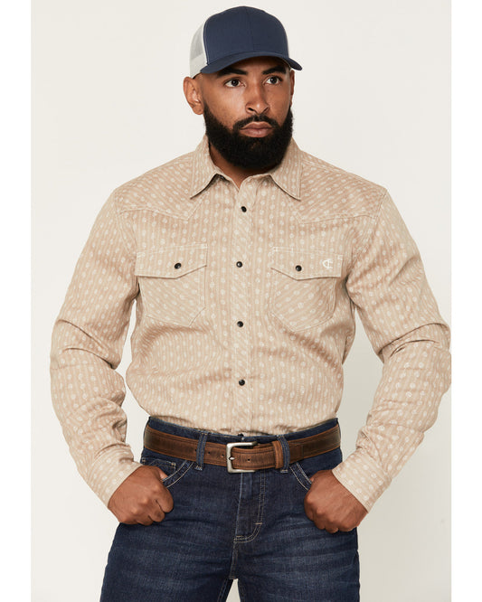 Men's FR Paisley Striped Print Long Sleeve Snap Stretch Wor Tan