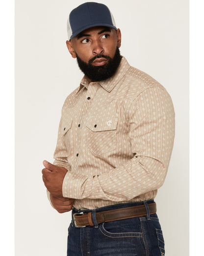 Men's FR Paisley Striped Print Long Sleeve Snap Stretch Wor Tan